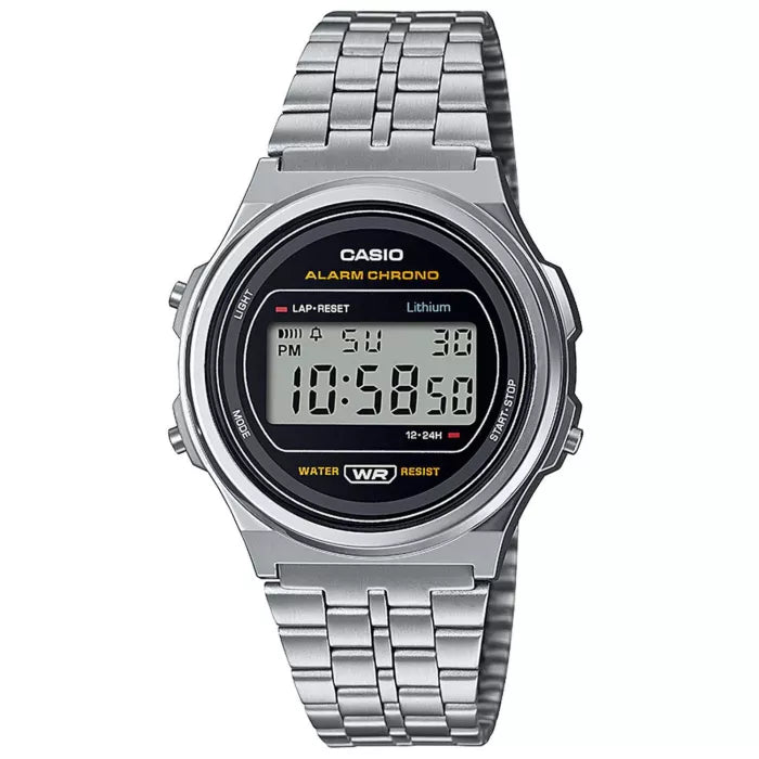 Casio Vintage A171WE-1AEF digital herrklocka med silver urtavla och armband i rostfritt stål