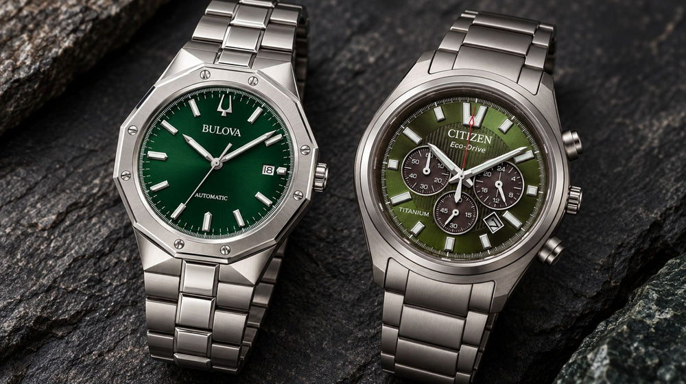 Två klockor sida vid sida – sportig dykarstil mot klassisk stålkronograf – som illustrerar valet Citizen vs Bulova