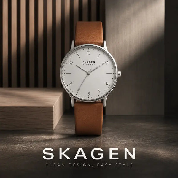 Skagen-klocka med vit urtavla och brunt läderarmband