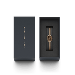 Daniel Wellington Quadro Mini Melrose Rose Gold Amber analog damklocka med brun urtavla och armband i rostfritt stål